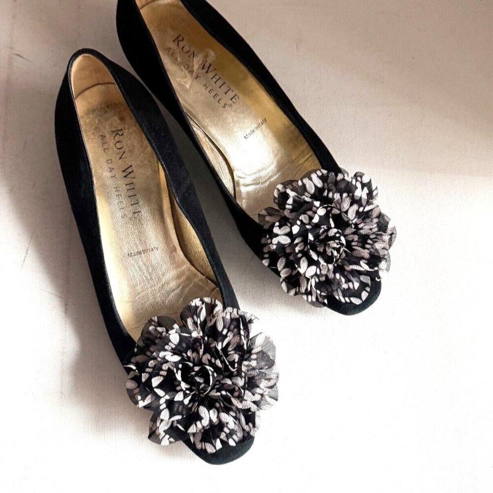 Ron White All Day Heels Black Suede Floral Loafers 37